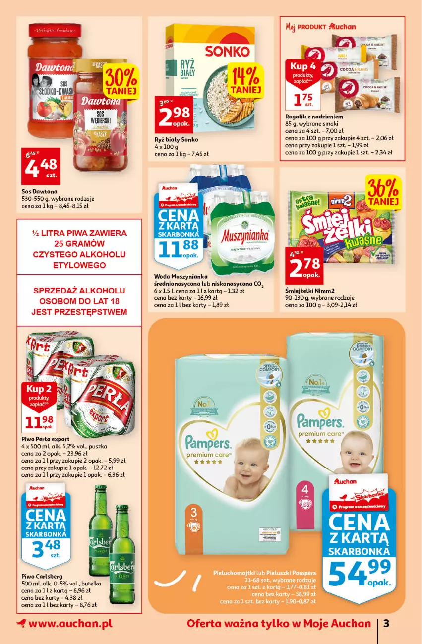 Gazetka promocyjna Auchan - Gazetka Koszyk Oszczędności Moje Auchan - ważna 20.04 do 26.04.2023 - strona 3 - produkty: Carlsberg, Dawtona, Gra, Mus, Muszynianka, Nimm2, Pampers, Perła, Piwa, Piwo, Por, Rogal, Ryż, Ryż biały, Sonko, Sos, Woda