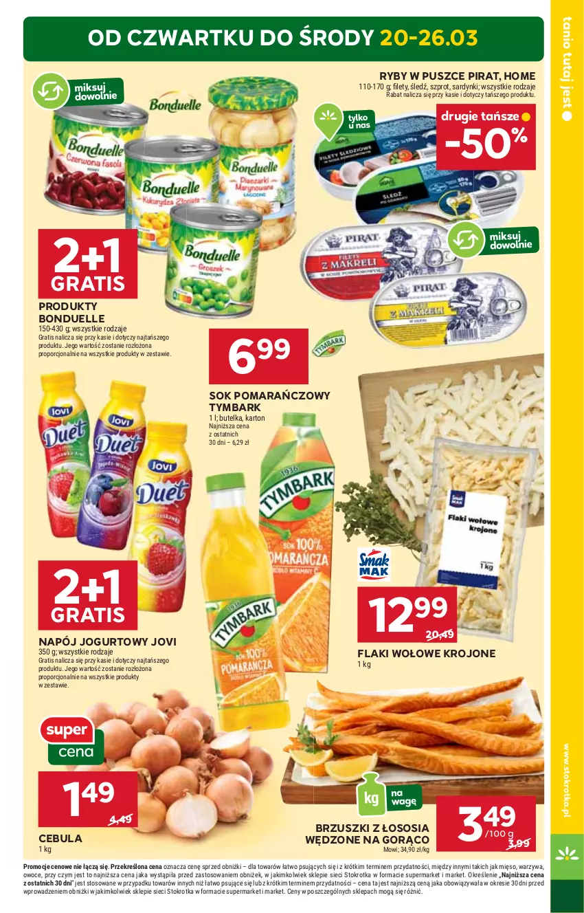 Gazetka promocyjna Stokrotka - Supermarket - ważna 20.03 do 26.03.2025 - strona 3 - produkty: Bonduelle, Brzuszki z łososia, Cebula, Flaki, Flaki wołowe, Gra, HP, Jogurt, Napój, Napój jogurtowy, Sok, Sok pomarańczowy, Sos, Tymbark