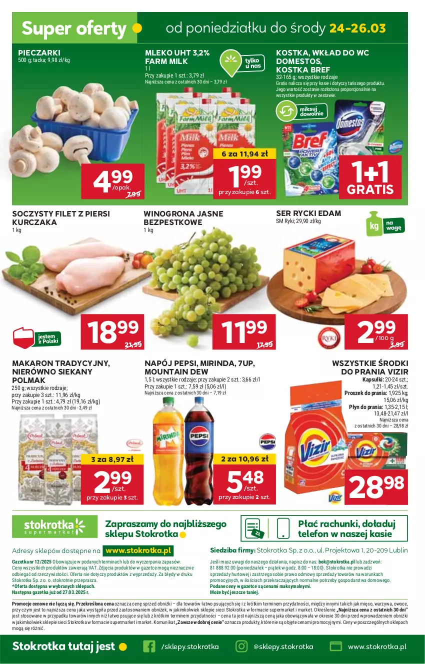 Gazetka promocyjna Stokrotka - Supermarket - ważna 20.03 do 26.03.2025 - strona 36 - produkty: 7up, Bref, Domestos, Dres, Edam, Fa, Farm Milk, Filet z piersi kurczaka, Gra, HP, JBL, Kurczak, Makaron, Mirinda, Mleko, Napój, Olma, Pepsi, Piec, Rycki Edam, Ser, Telefon, Vizir, Wino, Winogrona