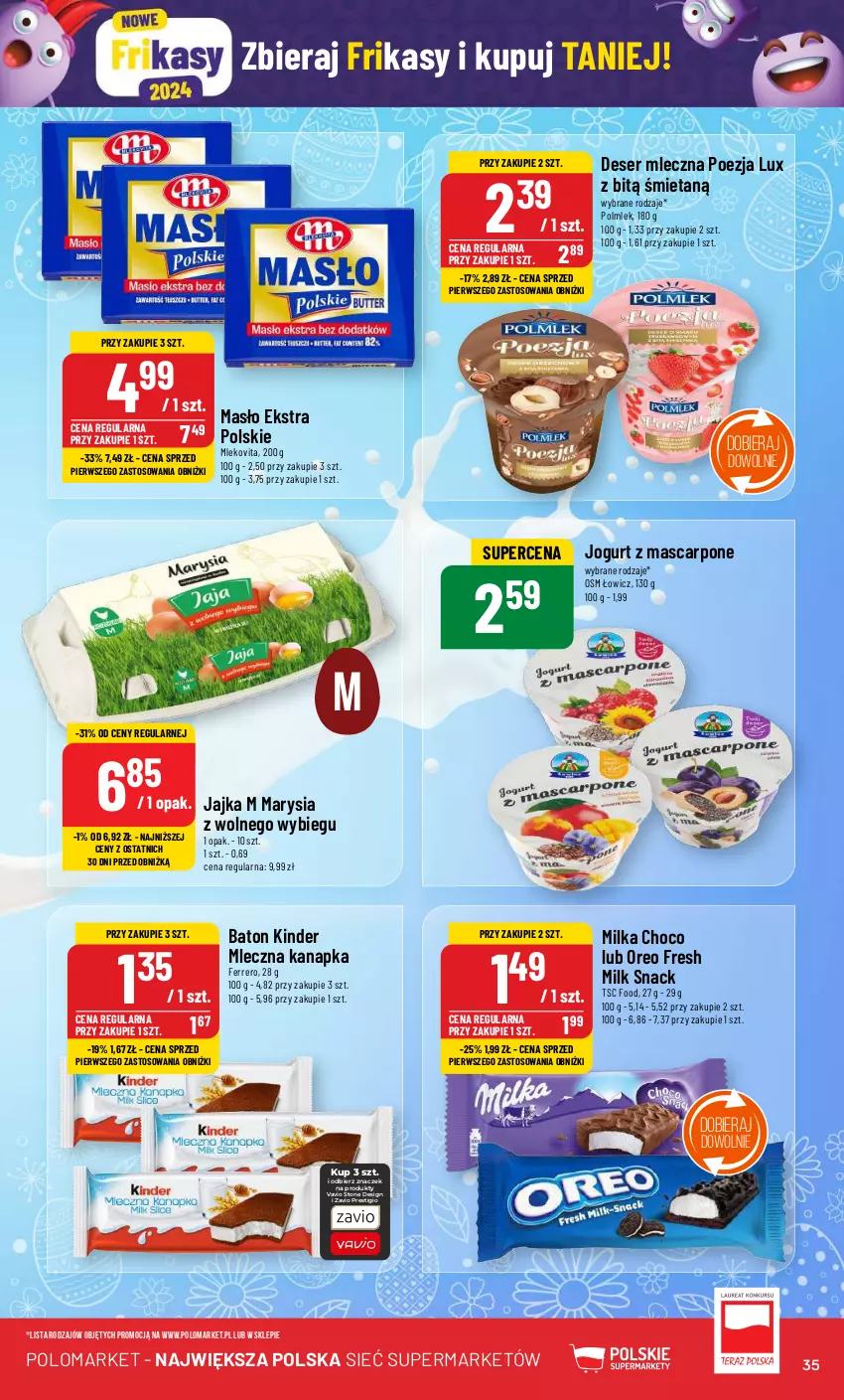 Gazetka promocyjna PoloMarket - Gazetka pomocyjna - ważna 28.02 do 05.03.2024 - strona 35 - produkty: Baton, Deser, Ferrero, Jogurt, Kinder, Mascarpone, Masło, Milka, Mleczna kanapka, Mleko, Mlekovita, Oreo, POLMLEK, Ser