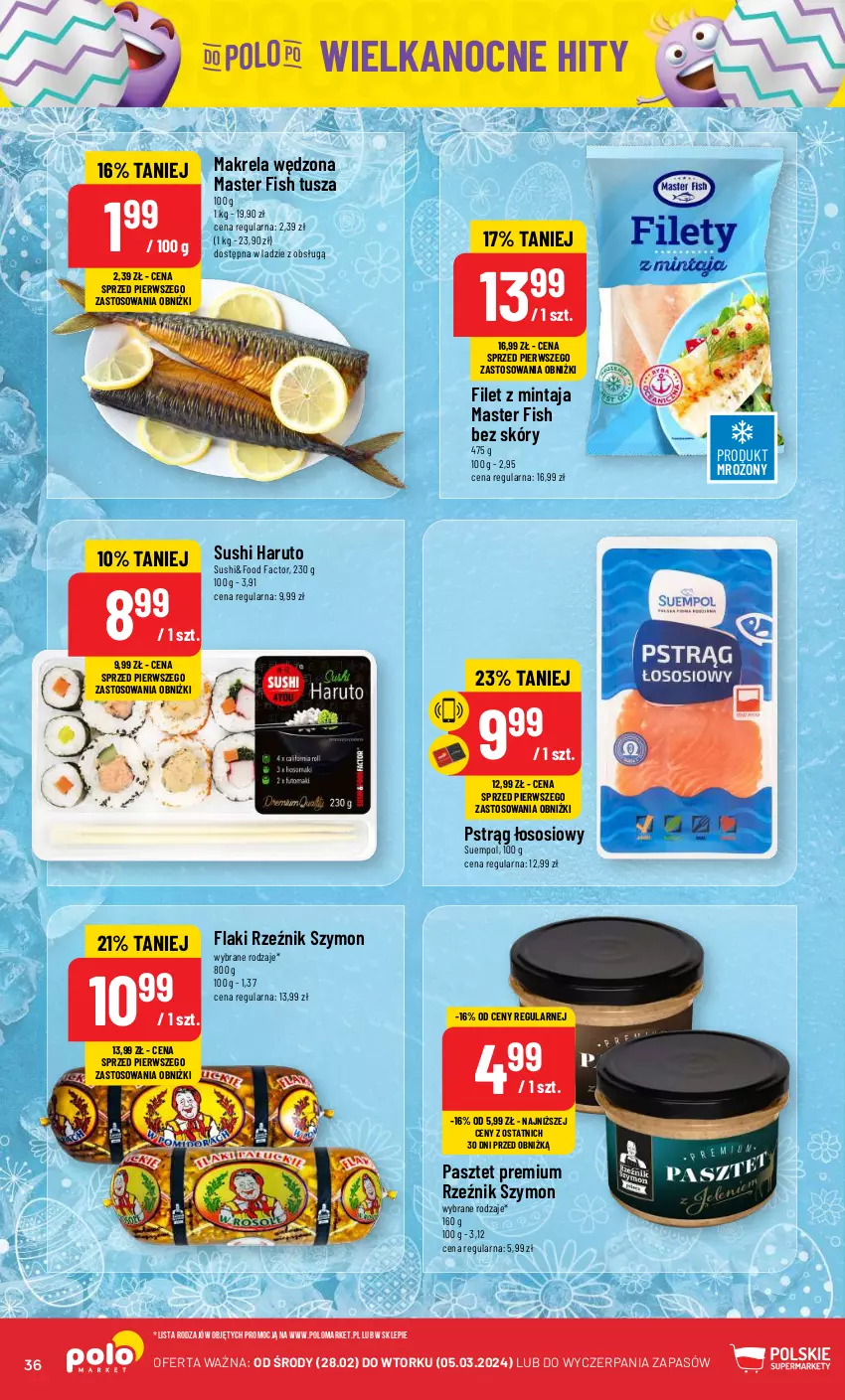 Gazetka promocyjna PoloMarket - Gazetka pomocyjna - ważna 28.02 do 05.03.2024 - strona 36 - produkty: Fa, Filet z mintaja, Flaki, Mintaj, Pasztet, Pstrąg, Pstrąg łososiowy, Sos, Suempol, Sushi, Tusz