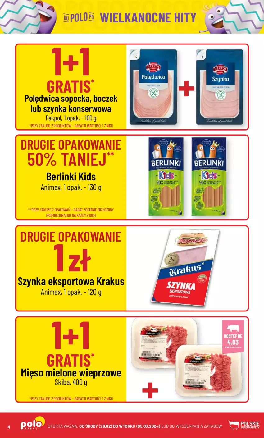 Gazetka promocyjna PoloMarket - Gazetka pomocyjna - ważna 28.02 do 05.03.2024 - strona 4 - produkty: Berlinki, Boczek, Gra, Krakus, Mięso, Mięso mielone, Pekpol, Polędwica, Por, Ser, Sport, Szynka, Szynka konserwowa