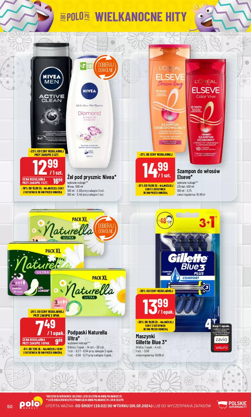 Gazetka promocyjna PoloMarket - Gazetka pomocyjna - ważna 28.02 do 05.03.2024 - strona 50 - produkty: BIC, Elseve, Gillette, Naturell, Naturella, Nivea, Podpaski, Szampon