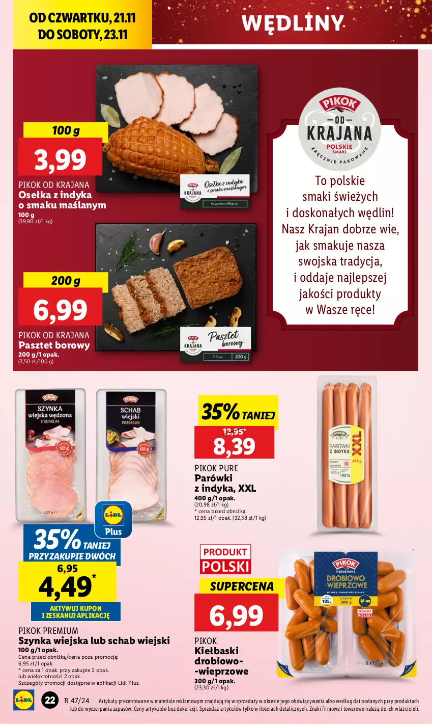 Gazetka promocyjna Lidl - GAZETKA - ważna 21.11 do 23.11.2024 - strona 24 - produkty: Parówki, Parówki z indyka, Pasztet, PIKOK, Pur, Szynka