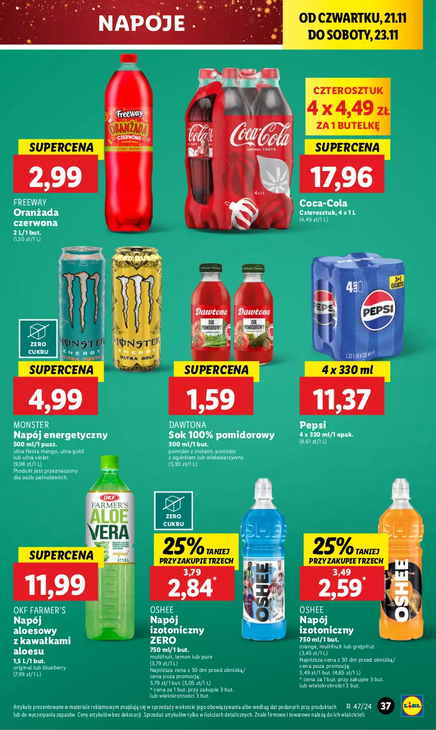 Gazetka promocyjna Lidl - GAZETKA - ważna 21.11 do 23.11.2024 - strona 41 - produkty: Coca-Cola, Dawtona, Fa, Gin, Grejpfrut, Kawa, Mango, Napój, Napój energetyczny, Napój izotoniczny, Napoje, Oranżada, Oshee, Pepsi, Pur, Sok