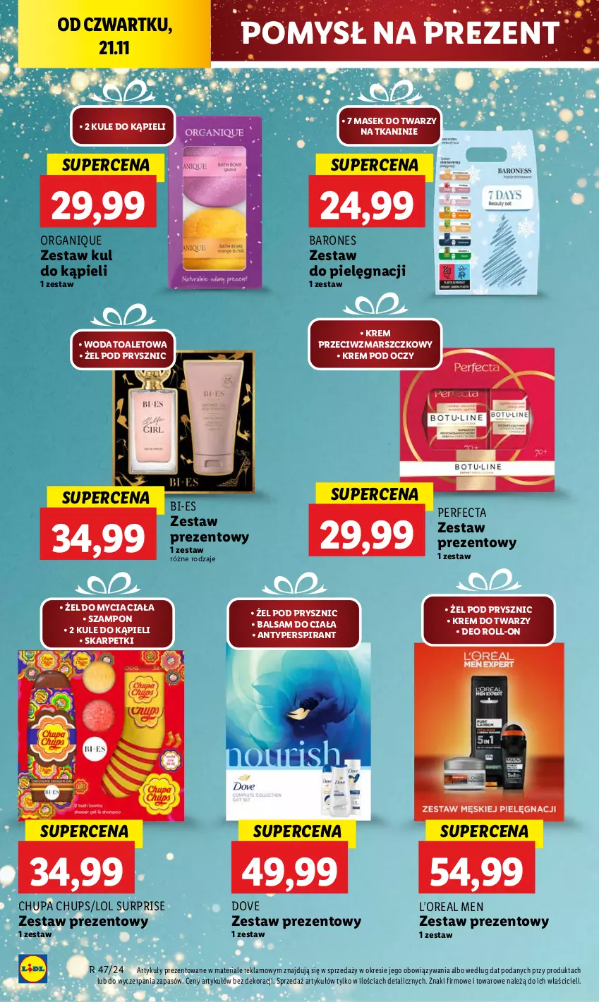 Gazetka promocyjna Lidl - GAZETKA - ważna 21.11 do 23.11.2024 - strona 52 - produkty: Antyperspirant, Balsam do ciała, Chupa Chups, Dove, Karp, Krem do twarzy, Krem pod oczy, Krem przeciwzmarszczkowy, Mars, Perfecta, Skarpetki, Szampon, Woda, Woda toaletowa, Zestaw prezentowy