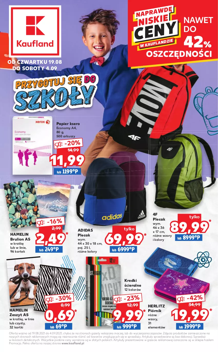 Gazetka promocyjna Kaufland - Katalog PRZYGOTUJ SIĘ DO SZKOŁY!  Oferta ważna  od  19.08.2021 do 04.09.2021 lub do wyczerpania zapasów - ważna 19.08 do 04.09.2021 - strona 1 - produkty: Adidas, Lion, Papier, Piórnik, Plecak, Ser