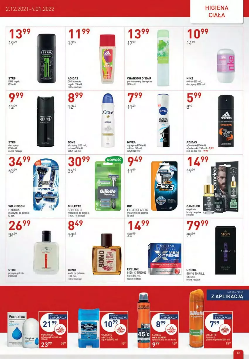 Gazetka promocyjna Drogerie Jawa - ważna 02.12 do 04.01.2021 - strona 13 - produkty: Adidas, BIC, Dove, Eleo, Eveline, Gillette, Maszynka, Maszynka do golenia, Nike, Nivea, Skyn, Str8, Szynka, Unimil