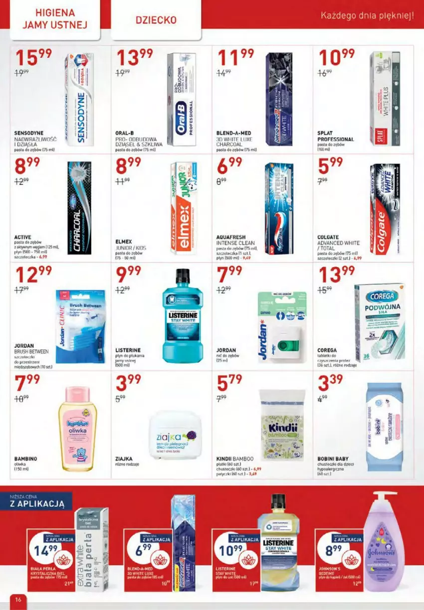 Gazetka promocyjna Drogerie Jawa - ważna 02.12 do 04.01.2021 - strona 16 - produkty: Blend-a-Med, Chusteczki, Colgate, Corega, Dzieci, Elmex, Higiena jamy ustnej, Kindii, LG, Listerine, Pasta do zębów, Perła, Piec, Sensodyne, Szczoteczka, Ziajka