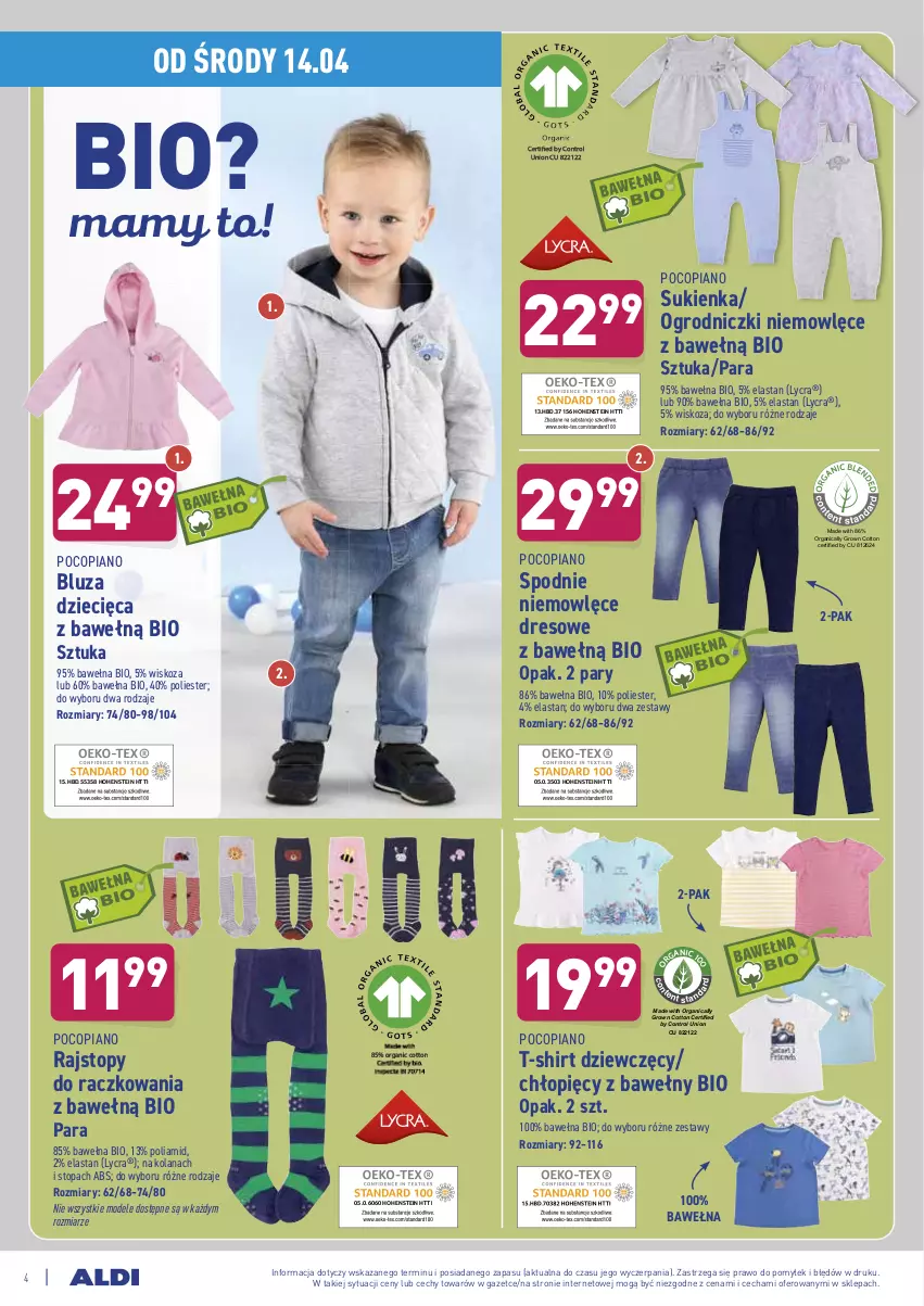 Gazetka promocyjna Aldi - ważna 14.04 do 17.04.2021 - strona 4 - produkty: Bluza, Control, Dres, Dzieci, LANA, Pocopiano, Rajstopy, Spodnie, Sukienka, T-shirt, Top, Wełna