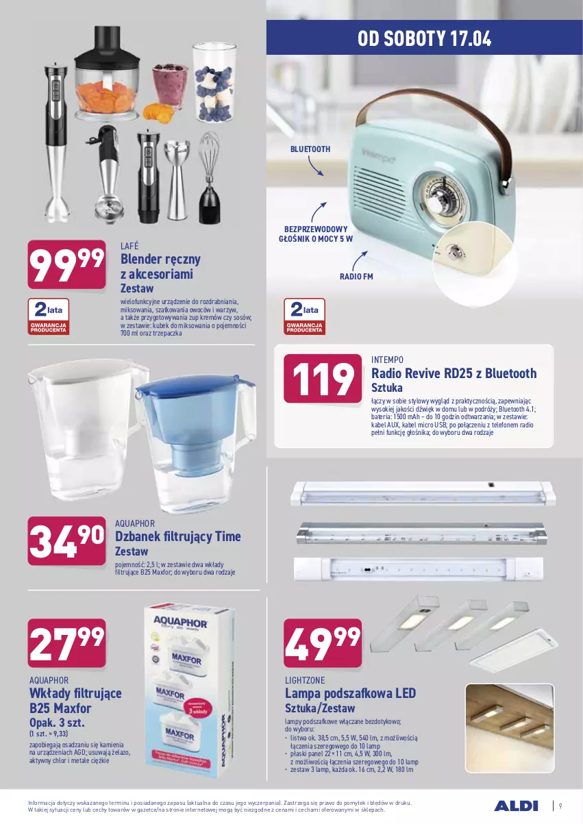 Gazetka promocyjna Aldi - ważna 14.04 do 17.04.2021 - strona 9 - produkty: Aquaphor, Bateria, Blender, Blender ręczny, Dzbanek, Dzbanek filtrujący, Głośnik, Kubek, Lampa, Listwa, Sok, Sos, Telefon, Trzepaczka