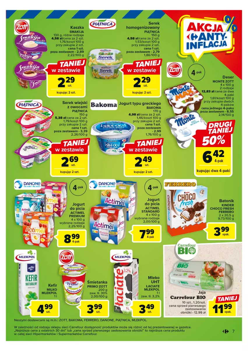 Gazetka promocyjna Carrefour - Gazetka Targ świeżości - ważna 22.05 do 27.05.2023 - strona 7 - produkty: Actimel, Bakoma, Baton, Danone, Deser, Ferrero, Jaja, Jogurt, Kefir, Kefir naturalny, Kinder, Kosz, Mleko, Monte, Piątnica, Ser, Serek, Serek homogenizowany, Serek wiejski, Smakija, Tonik, Zott