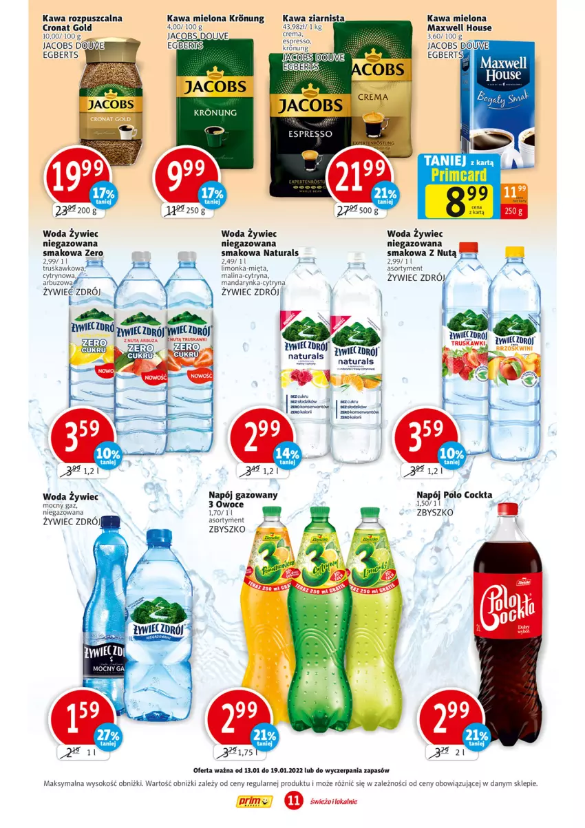 Gazetka promocyjna Prim Market - Gazetka - ważna 13.01 do 19.01.2022 - strona 11 - produkty: Arbuz, Jacobs, Kawa, Kawa mielona, Kawa ziarnista, Limonka, Mięta, Napój, Napój gazowany, Owoce, Ser, Sok, Truskawki, Woda