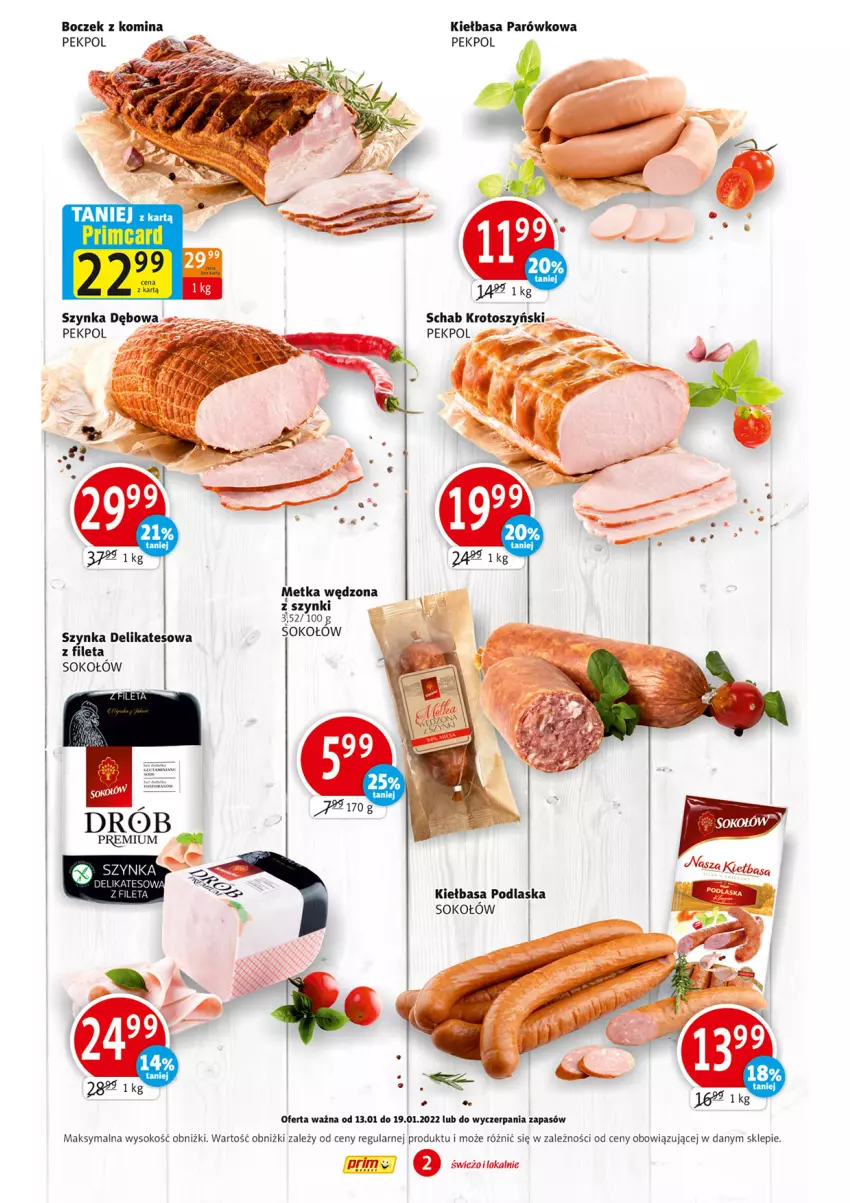 Gazetka promocyjna Prim Market - Gazetka - ważna 13.01 do 19.01.2022 - strona 2 - produkty: Boczek, Kiełbasa, Pekpol, Sok, Sokołów, Szynka, Szynka delikatesowa