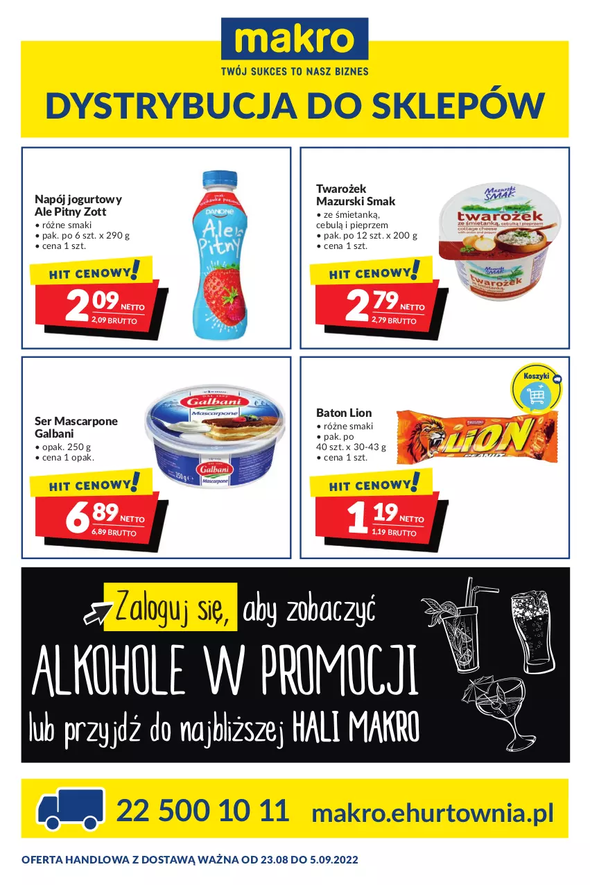 Gazetka promocyjna Makro - [Oferta promocyjna] Dostawy - ważna 23.08 do 05.09.2022 - strona 1 - produkty: Baton, Galbani, Jogurt, Lion, Mascarpone, Napój, Napój jogurtowy, Pieprz, Ser, Zott