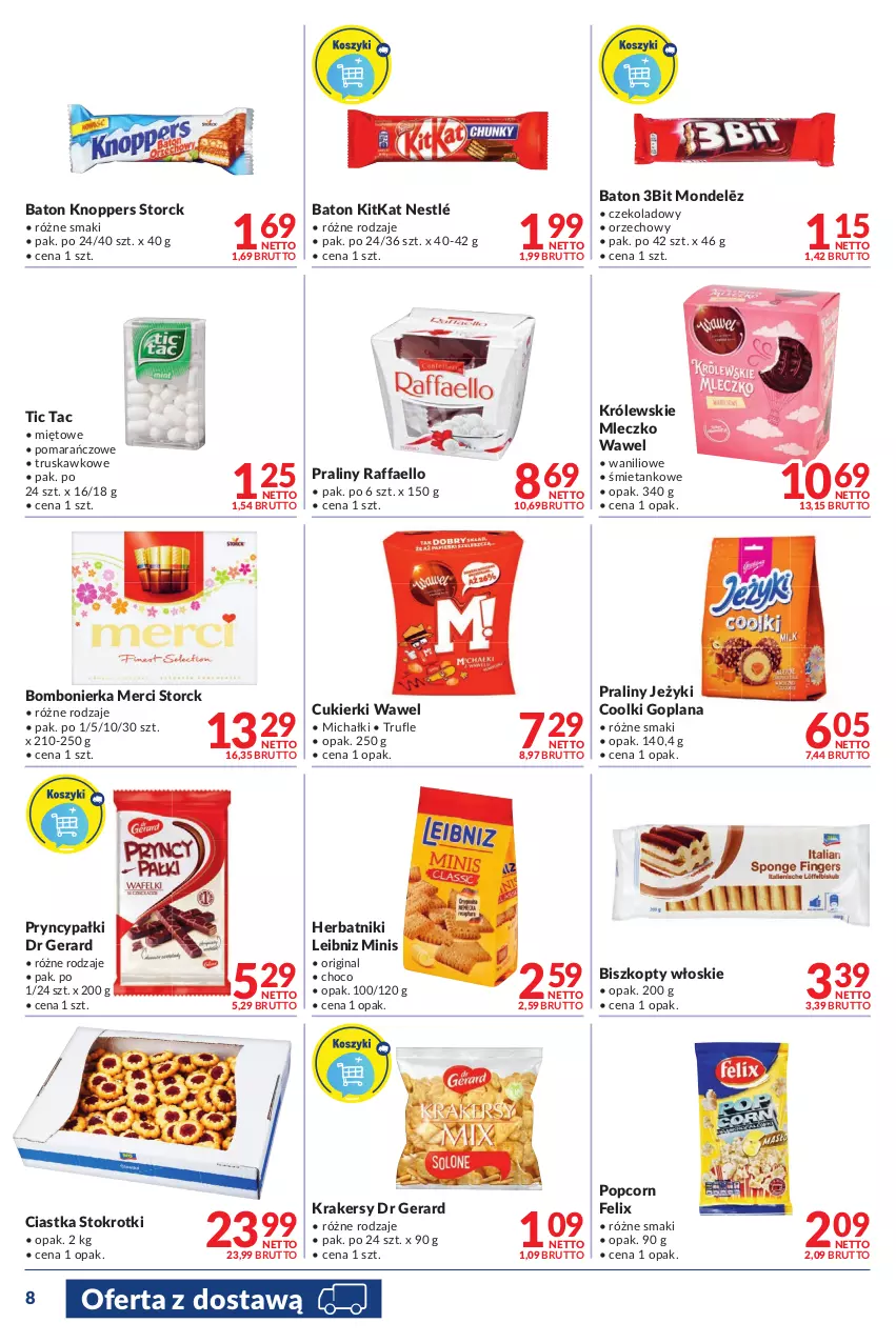 Gazetka promocyjna Makro - [Oferta promocyjna] Dostawy - ważna 23.08 do 05.09.2022 - strona 8 - produkty: Baton, Biszkopty, Ciastka, Cukier, Cukierki, Dr Gerard, Fa, Felix, Gin, Goplana, Herbatniki, Jeżyki, Knoppers, Krakersy, Królewski, Królewskie Mleczko, LANA, Merci, Michałki, Mleczko, Nestlé, Popcorn, Praliny, Raffaello, Wawel