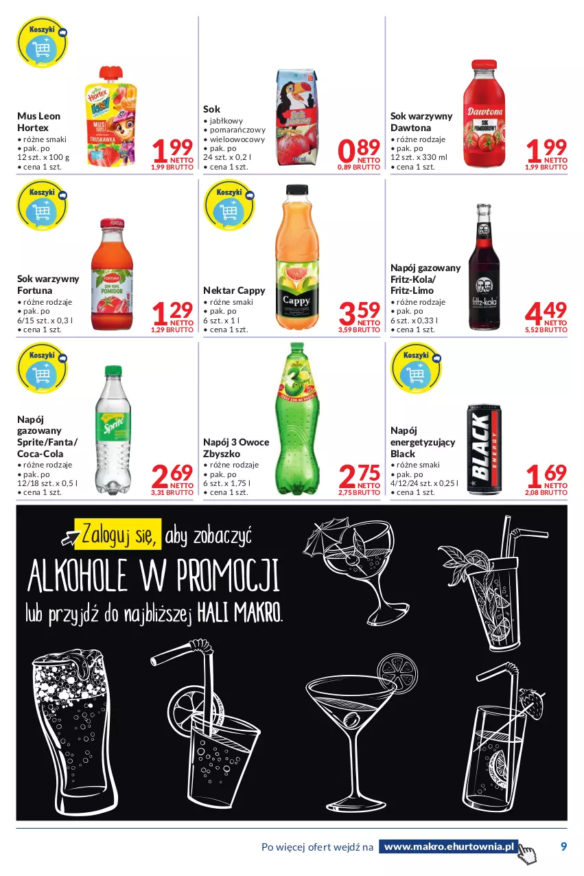 Gazetka promocyjna Makro - [Oferta promocyjna] Dostawy - ważna 23.08 do 05.09.2022 - strona 9 - produkty: Cappy, Coca-Cola, Dawtona, Fa, Fanta, Fortuna, Hortex, Lack, Leon, Mus, Napój, Napój gazowany, Nektar, Owoce, Sok, Sprite