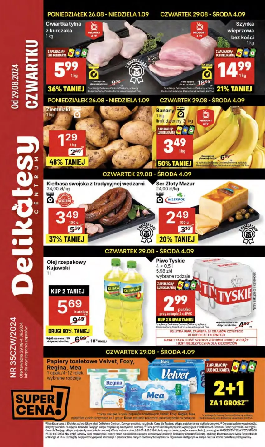 Gazetka promocyjna Delikatesy Centrum - NOWA GAZETKA Delikatesy Centrum od 29 sierpnia! 29.08-4.09.2024 - ważna 29.08 do 04.09.2024 - strona 1 - produkty: Banany, Dron, Foxy, Gin, Kiełbasa, Kurczak, Olej, Olej rzepakowy, Papier, Rama, Rum, Ser, Szal, Velvet, Złoty Mazur