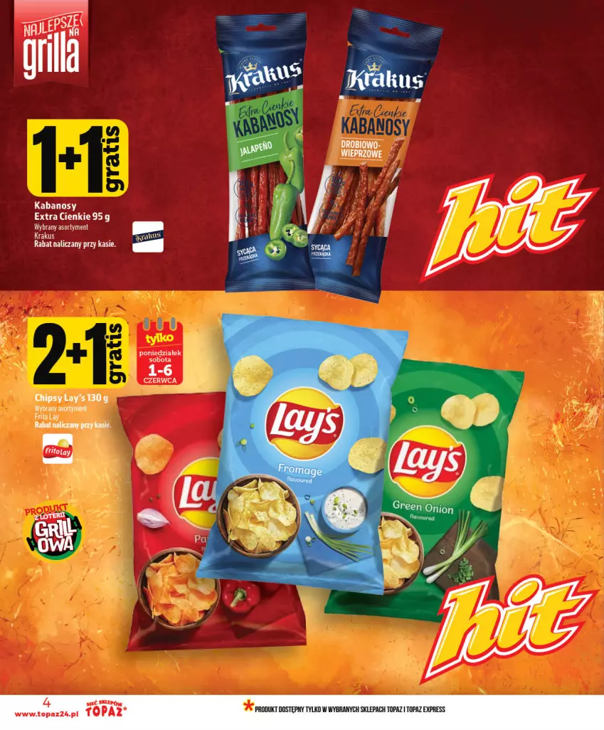 Gazetka promocyjna Topaz - Gazetka - ważna 03.06 do 10.06.2026 - strona 4 - produkty: Chipsy, Kabanos, Krakus, Szal, Top