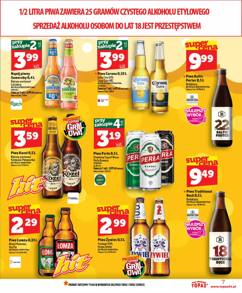 Gazetka promocyjna Topaz - Gazetka - ważna 03.06 do 10.06.2026 - strona 7 - produkty: Carlsberg, Fa, Gra, Kozel, Napój, Perła, Piwa, Piwo, Por, Pur, Somersby, Top, Wyborowa