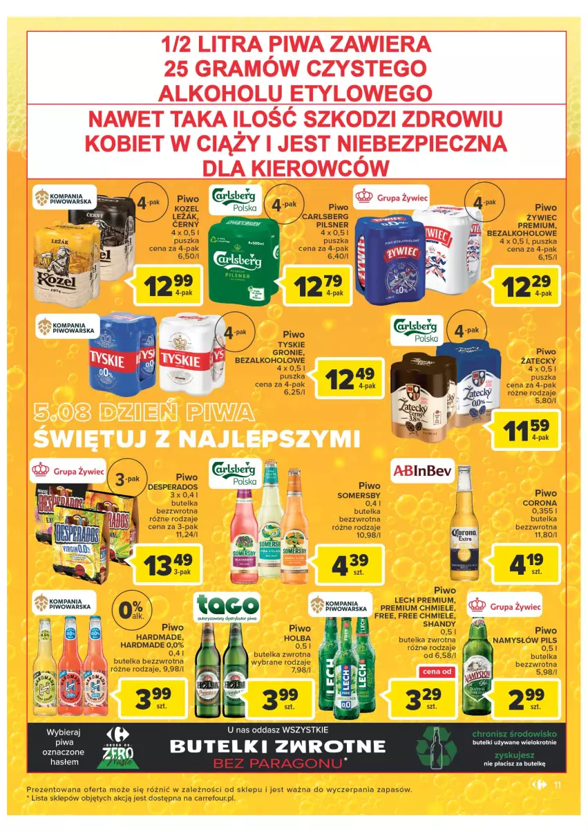 Gazetka promocyjna Carrefour - Gazetka Market - ważna 02.08 do 13.08.2022 - strona 11 - produkty: Carlsberg, Desperados, Gra, Kozel, Lech Premium, Namysłów, Piec, Piwa, Piwo, Somersby, Tyskie