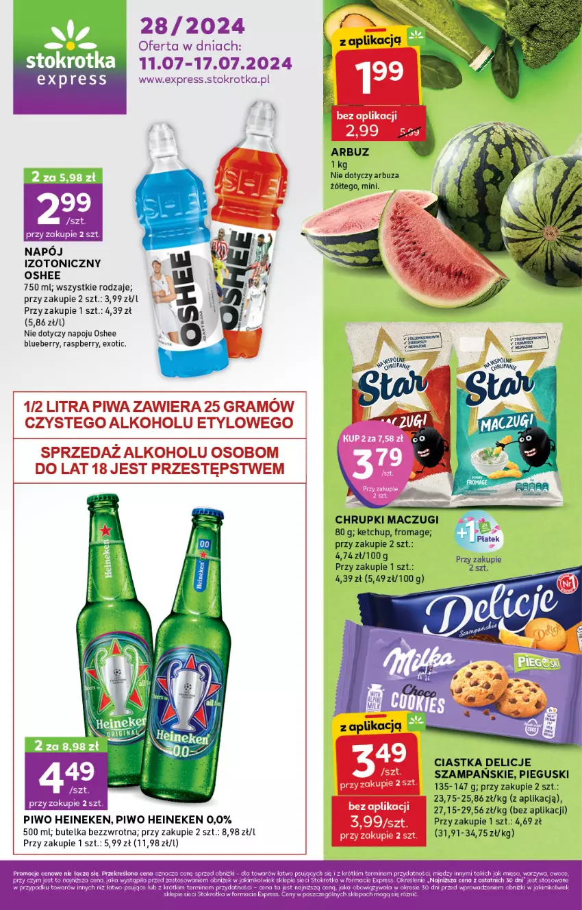 Gazetka promocyjna Stokrotka - Stokrotka Express - ważna 11.07 do 17.07.2024 - strona 1 - produkty: Arbuz, Chrupki, Ciastka, Delicje, Heineken, Ketchup, Mięso, Napój, Napój izotoniczny, Oshee, Owoce, Piwo, Warzywa