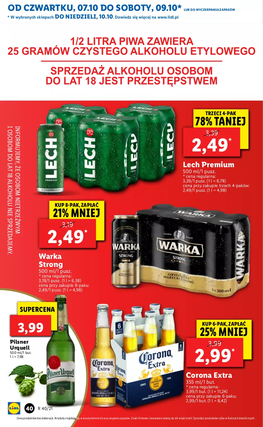 Gazetka promocyjna Lidl - GAZETKA - ważna 07.10 do 10.10.2021 - strona 41 - produkty: Corona Extra, Lech Premium, Pilsner Urquell, Warka