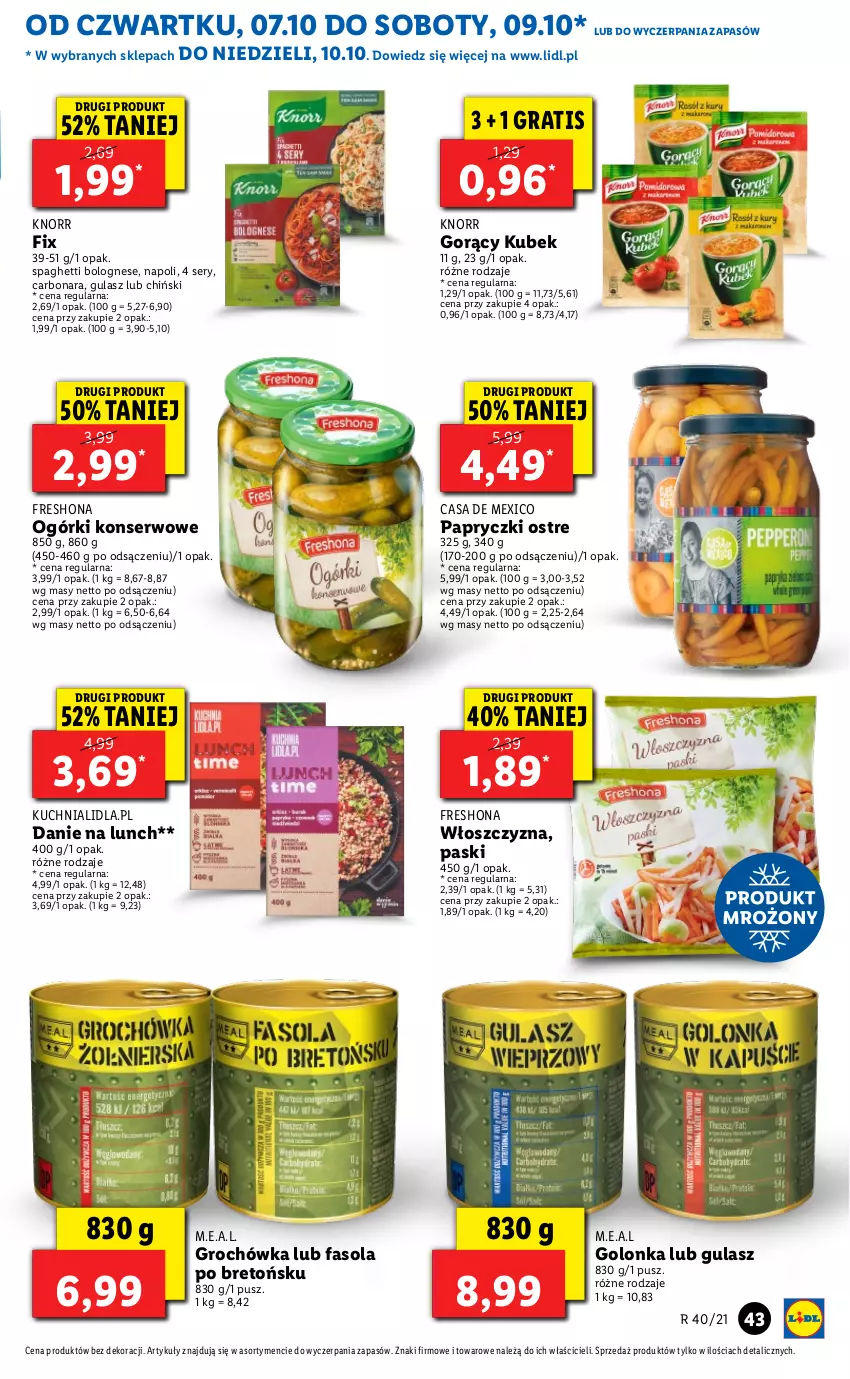 Gazetka promocyjna Lidl - GAZETKA - ważna 07.10 do 10.10.2021 - strona 44 - produkty: Fa, Fasola, Gra, Groch, Knorr, Kubek, Kuchnia, Ogórki konserwowe, Ser, Spaghetti