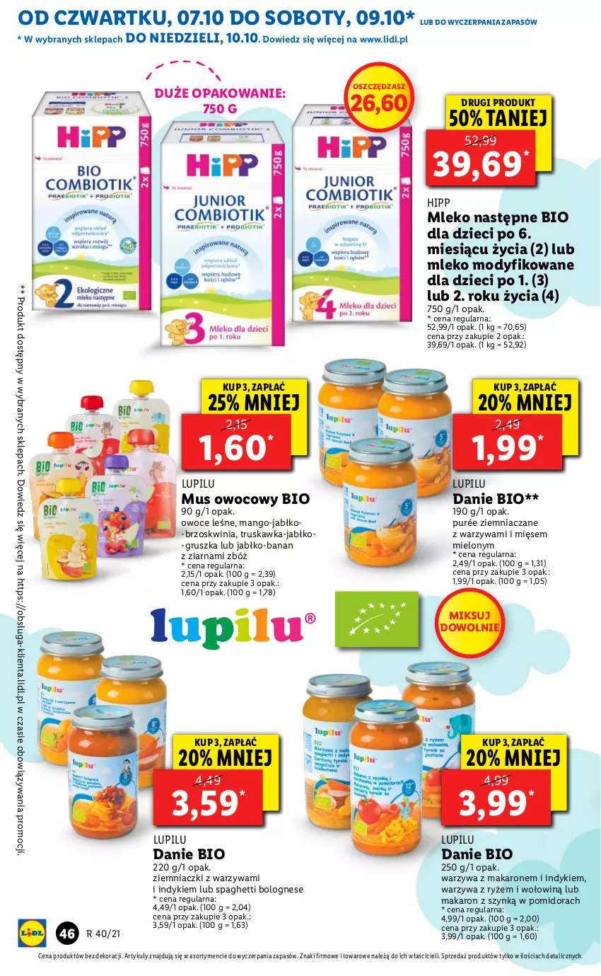 Gazetka promocyjna Lidl - GAZETKA - ważna 07.10 do 10.10.2021 - strona 47 - produkty: Dzieci, HiPP, Makaron, Mango, Mleko, Mleko modyfikowane, Mus, O nas, Owoce, Pur, Ryż, Spaghetti, Warzywa