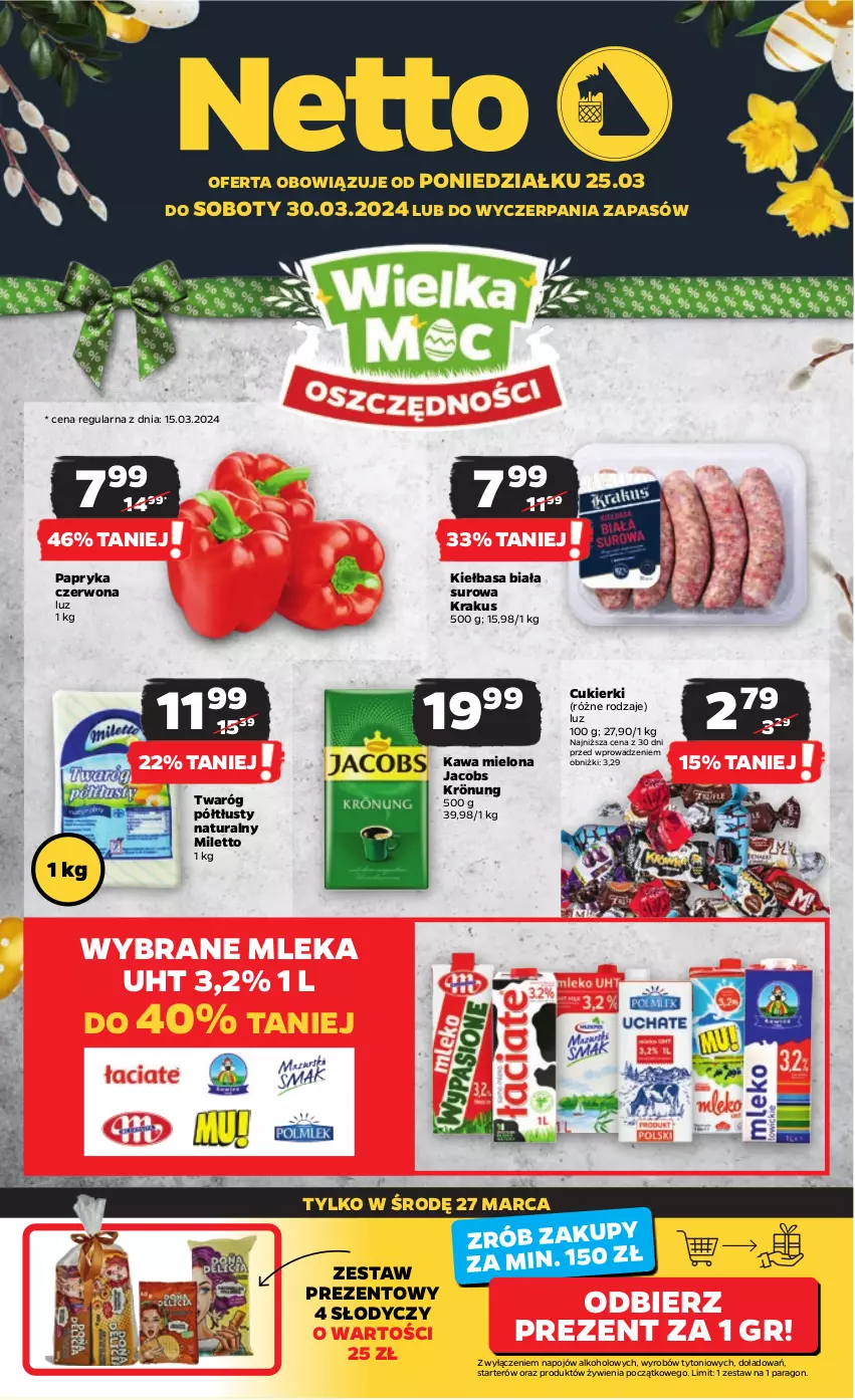 Gazetka promocyjna Netto - Artykuły spożywcze - ważna 25.03 do 30.03.2024 - strona 1 - produkty: Cukier, Cukierki, Jacobs, Jacobs Krönung, Kawa, Kawa mielona, Kiełbasa, Kiełbasa biała, Krakus, Papryka, Papryka czerwona, Twaróg, Twaróg półtłusty, Zestaw prezentowy