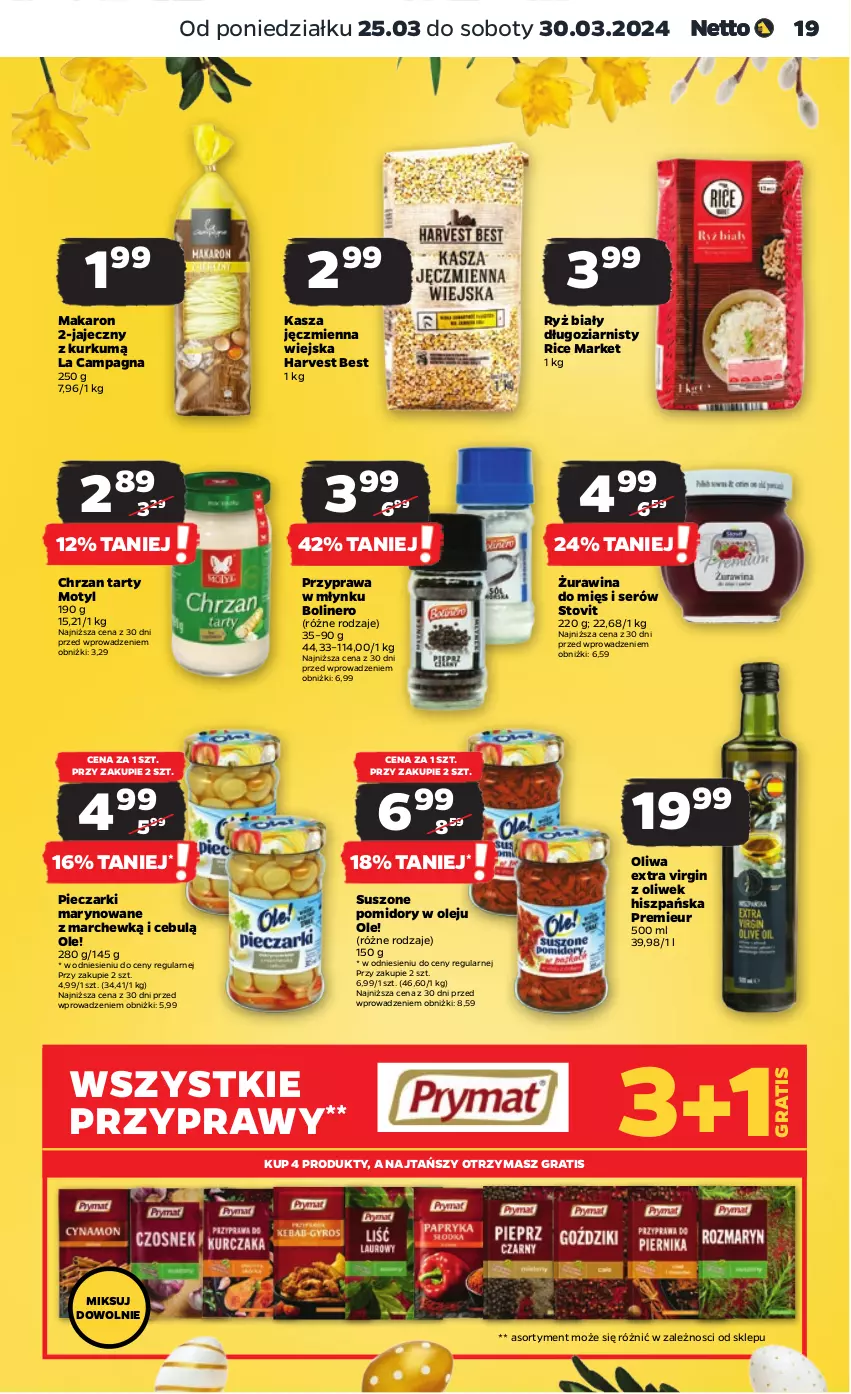 Gazetka promocyjna Netto - Artykuły spożywcze - ważna 25.03 do 30.03.2024 - strona 19 - produkty: Chrzan, Gin, Gra, Kasza, Kasza jęczmienna, Makaron, Ole!, Olej, Piec, Pomidory, Przyprawy, Ryż, Ryż biały, Ser, Suszone pomidory