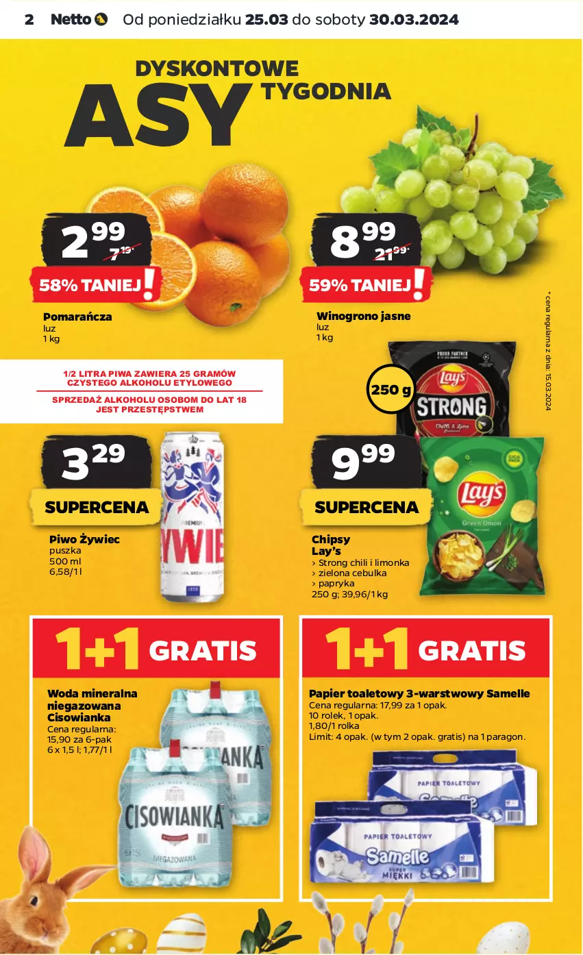 Gazetka promocyjna Netto - Artykuły spożywcze - ważna 25.03 do 30.03.2024 - strona 2 - produkty: Chipsy, Cisowianka, Gra, Lay’s, Limonka, Papier, Papier toaletowy, Papryka, Piwa, Piwo, Wino, Woda, Woda mineralna