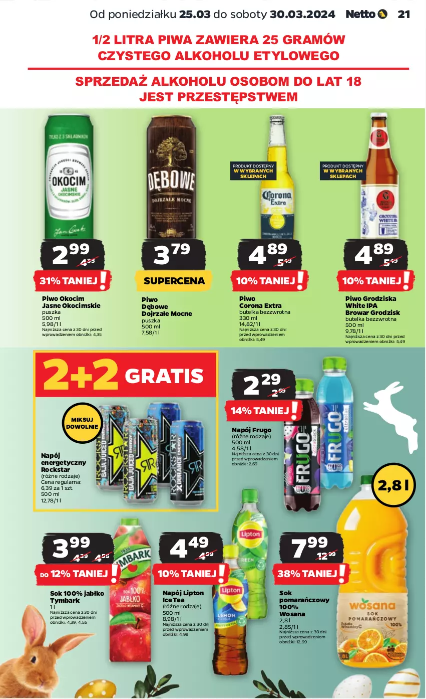 Gazetka promocyjna Netto - Artykuły spożywcze - ważna 25.03 do 30.03.2024 - strona 21 - produkty: Corona Extra, Gra, Ice tea, Koc, Lipton, Napój, Napój energetyczny, Okocim, Piwa, Piwo, Sok, Sok pomarańczowy, Tymbark, Wosana