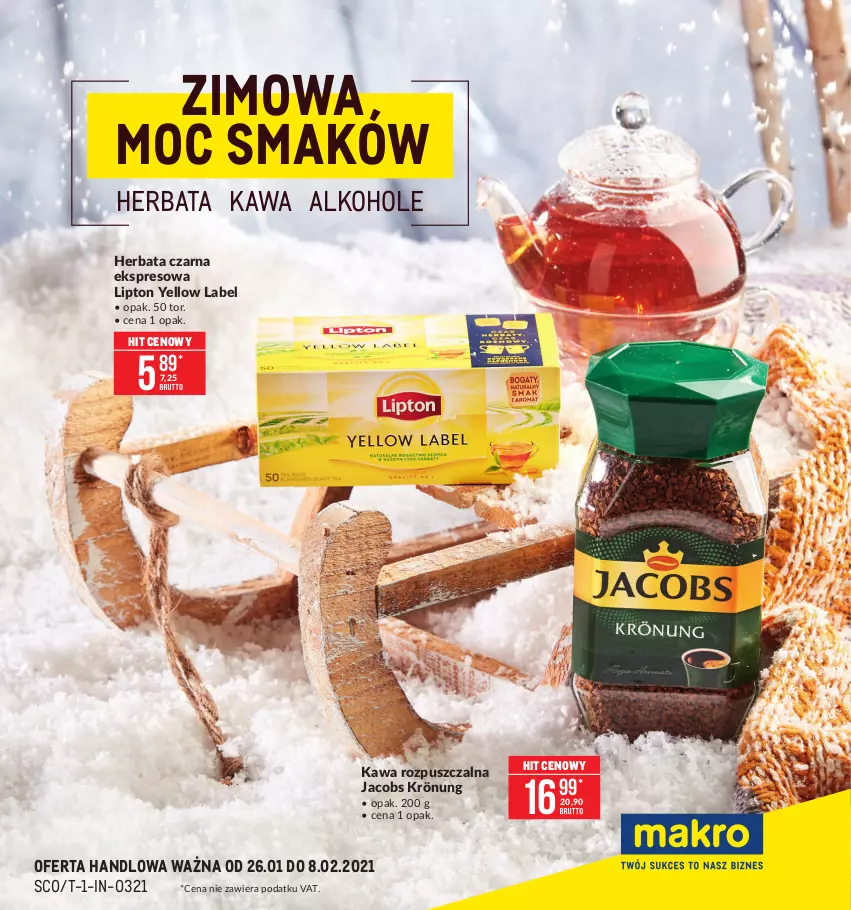 Gazetka promocyjna Makro - [Oferta promocyjna] Zimowa Moc Smaków - ważna 26.01 do 08.02.2021 - strona 1 - produkty: Alkohole, Herbata, Herbata czarna, Jacobs, Jacobs Krönung, Kawa, Kawa rozpuszczalna, Lipton