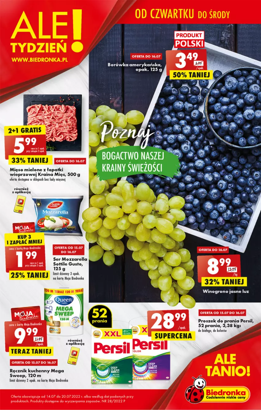 Gazetka promocyjna Biedronka - ważna 14.07 do 20.07.2022 - strona 1 - produkty: Borówka, Borówka amerykańska, Dron, Mięso, Mozzarella, Persil, Proszek do prania, Ręcznik, Ręcznik kuchenny