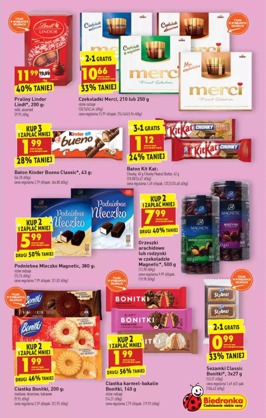 Gazetka promocyjna Biedronka - ważna 26.07 do 31.07.2021 - strona 37 - produkty: Baton, Bonitki, Ciastka, Deser, Gala, Gra, Kinder, Kinder Bueno, Kit Kat, Lindor, Lindt, Merci, Mleczko, Orzeszki, Praliny, Rodzynki, Ser, Sezam