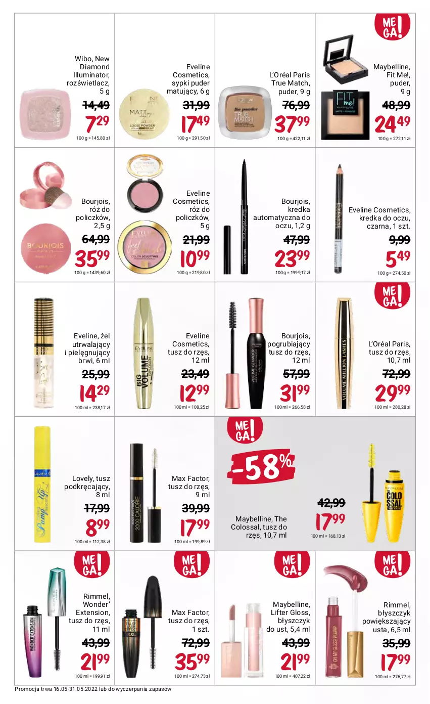 Gazetka promocyjna Rossmann - ważna 16.05 do 31.05.2022 - strona 10 - produkty: Bell, Błyszczyk do ust, Bourjois, Eveline, Fa, Kredka, L’Oréal, Lovely, Max Factor, Maybelline, Puder, Róż do policzków, Rozświetlacz, Tusz, Wibo