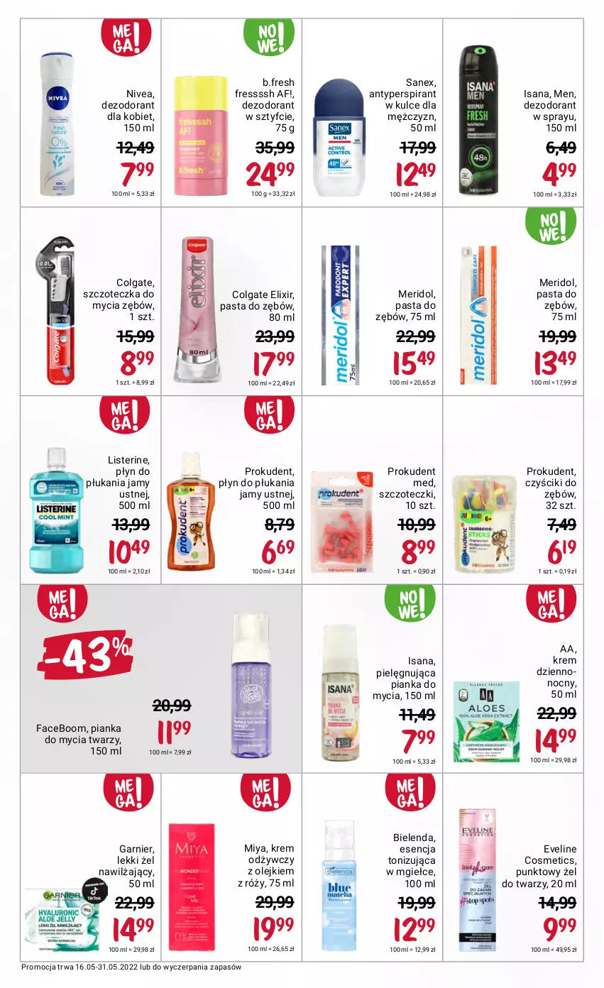 Gazetka promocyjna Rossmann - ważna 16.05 do 31.05.2022 - strona 7 - produkty: Antyperspirant, Bielenda, Colgate, Dezodorant, Eveline, Fa, Garnier, Isana, Krem odżywczy, LG, Listerine, Nivea, Olej, Pasta do zębów, Pianka do mycia twarzy, Płyn do płukania, Płyn do płukania jamy ustnej, Prokudent, Sanex, Szczoteczka