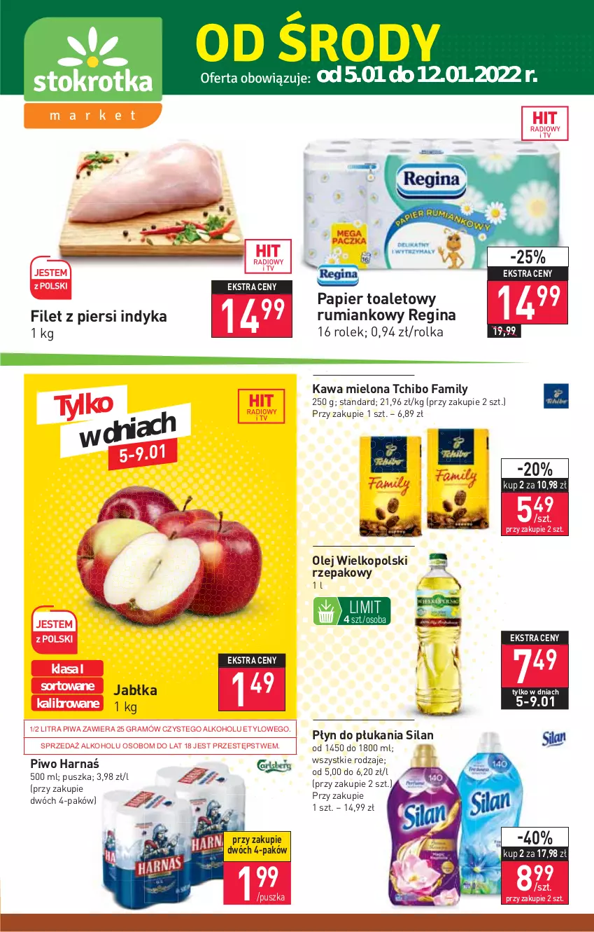 Gazetka promocyjna Stokrotka - Market - ważna 05.01 do 12.01.2022 - strona 1 - produkty: Fa, Filet z piersi indyka, Gin, Gra, Harnaś, Jabłka, Kawa, Kawa mielona, Olej, Papier, Papier toaletowy, Piwa, Piwo, Płyn do płukania, Rum, Silan, Tchibo, Tchibo Family