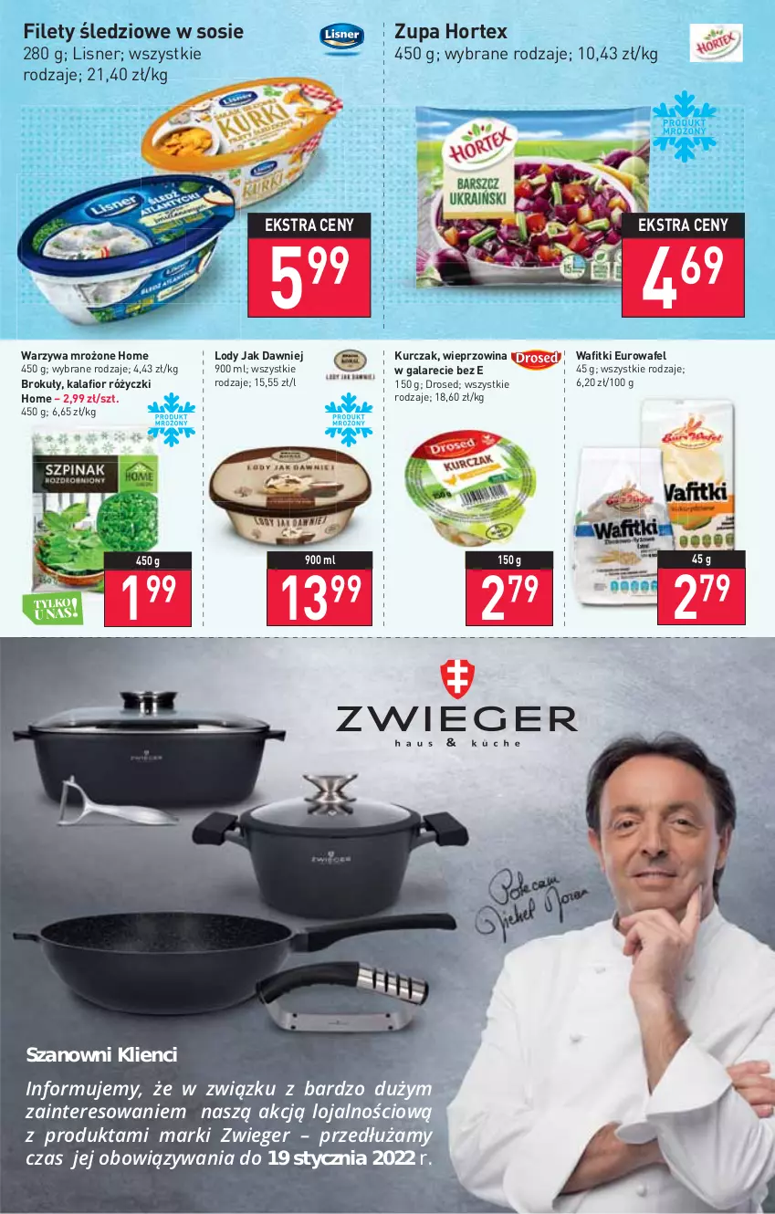 Gazetka promocyjna Stokrotka - Market - ważna 05.01 do 12.01.2022 - strona 4 - produkty: Brokuły, Gala, Hortex, HP, Kalafior, Kurczak, Lisner, Lody, Sos, Warzywa, Wieprzowina, Zupa