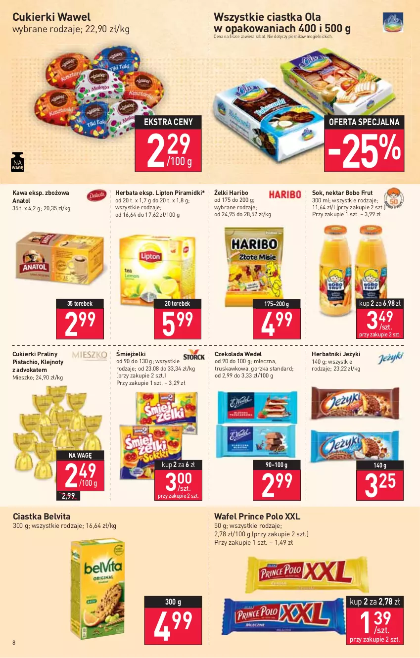 Gazetka promocyjna Stokrotka - Market - ważna 05.01 do 12.01.2022 - strona 8 - produkty: BelVita, Ciastka, Cukier, Cukierki, Czekolada, Haribo, Herbatniki, Jeżyki, Kawa, Klej, Lipton, Nektar, Piernik, Praliny, Prince Polo, Sok, Wawel