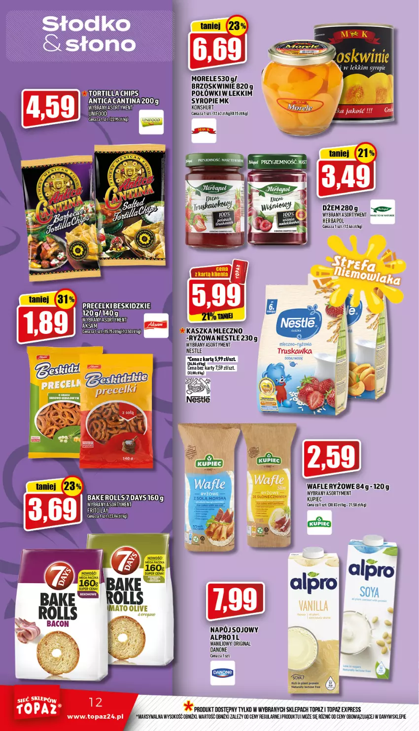 Gazetka promocyjna Topaz - Gazetka - ważna 10.03 do 16.03.2022 - strona 12 - produkty: Alpro, Beskidzki, Brzoskwinie, Danone, Dżem, Gin, Herbapol, Kupiec, Napój, Piec, Ryż, Sok, Syrop, Top, Tortilla, Tortilla Chips, Wafle