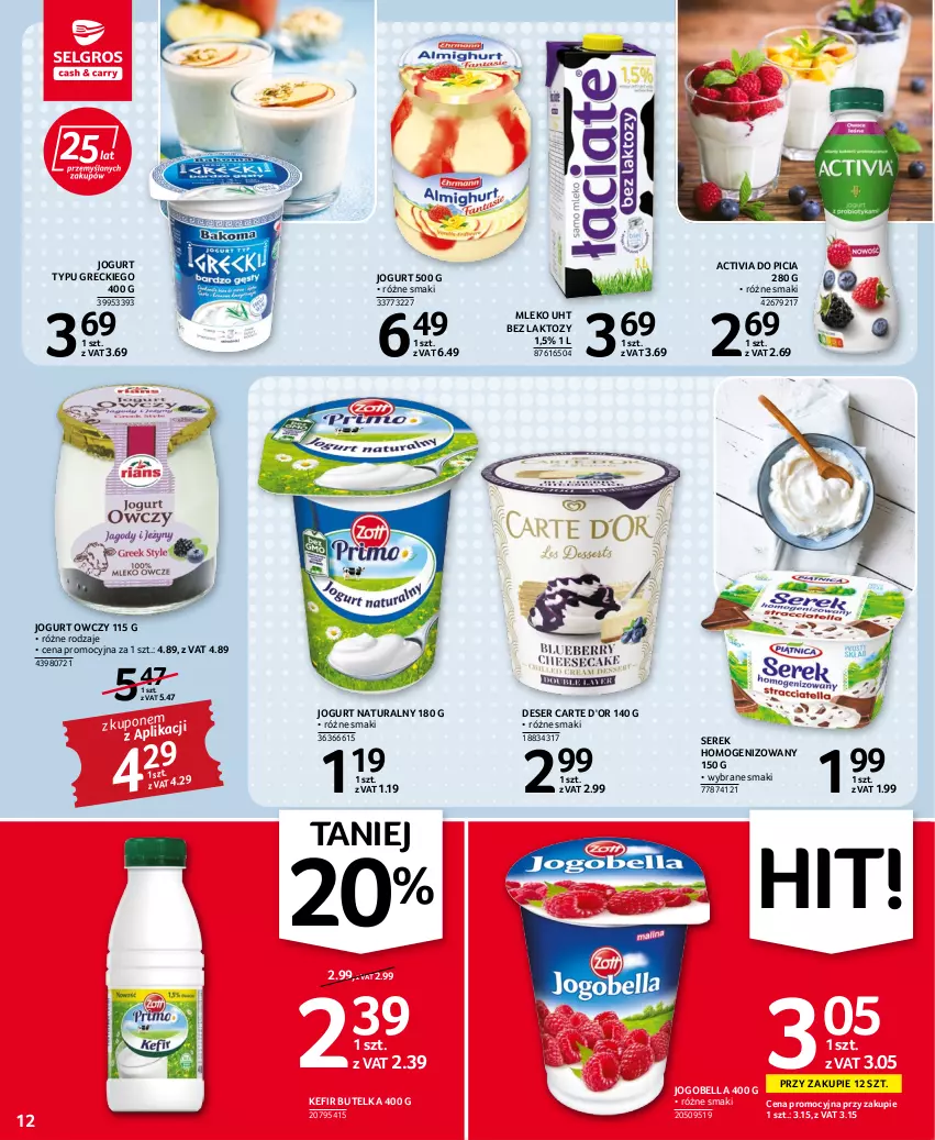 Gazetka promocyjna Selgros - Oferta spożywcza - ważna 11.08 do 24.08.2022 - strona 12 - produkty: Activia, Bell, Bella, Carte d'Or, Deser, Jogobella, Jogurt, Jogurt naturalny, Kefir, Mleko, Ser, Serek, Serek homogenizowany