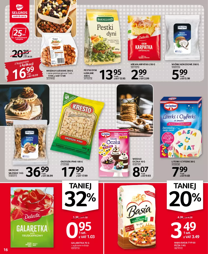 Gazetka promocyjna Selgros - Oferta spożywcza - ważna 11.08 do 24.08.2022 - strona 16 - produkty: Basia, Gala, Galaretka, Karp, Kokos, Mąka, Migdały, Migdały łuskane, Orzechy włoskie, Orzeszki, Pestki dyni, Pizza, Wiórki kokosowe