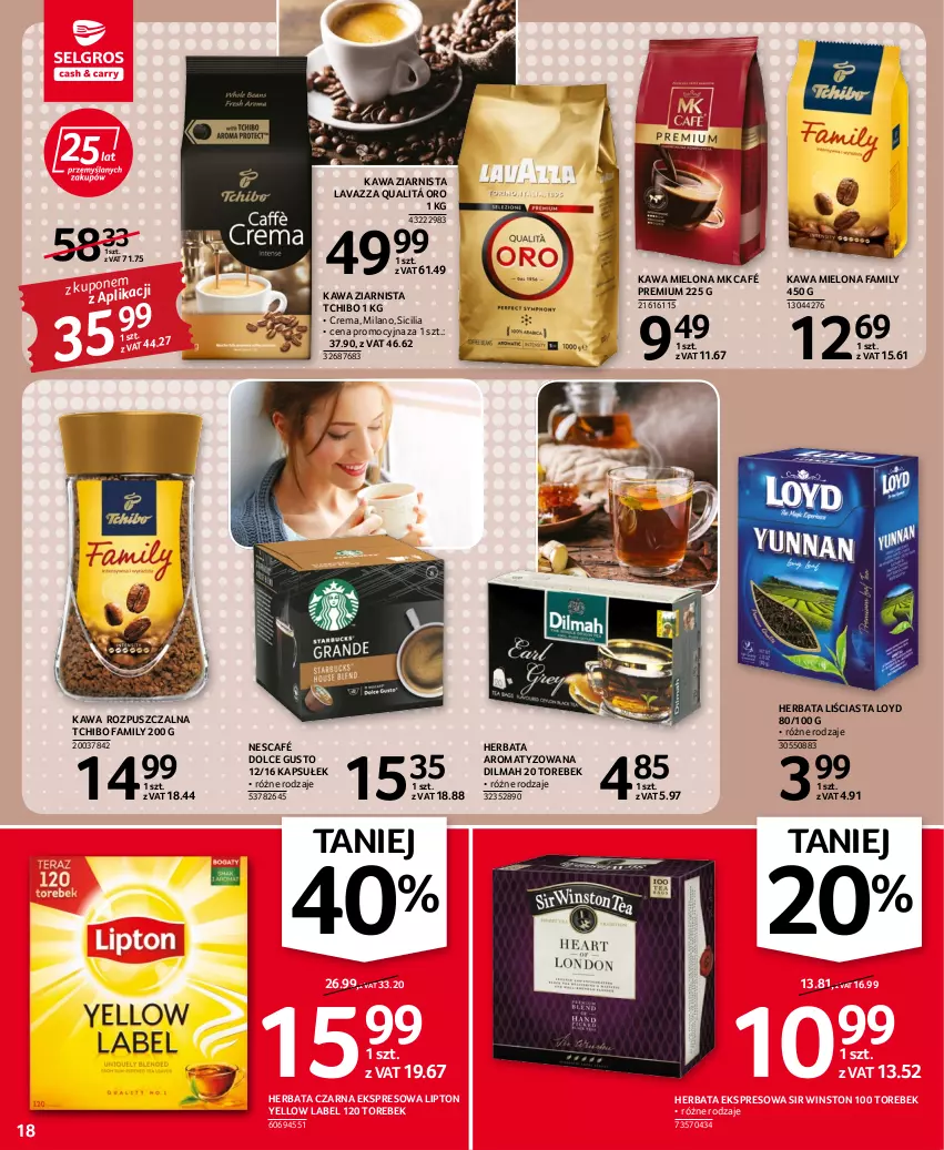 Gazetka promocyjna Selgros - Oferta spożywcza - ważna 11.08 do 24.08.2022 - strona 18 - produkty: Dilmah, Dolce Gusto, Fa, Herbata, Herbata czarna, Kawa, Kawa mielona, Kawa rozpuszczalna, Kawa ziarnista, Lavazza, Lipton, Loyd, Nescafé, Tchibo, Tchibo Family, Winston