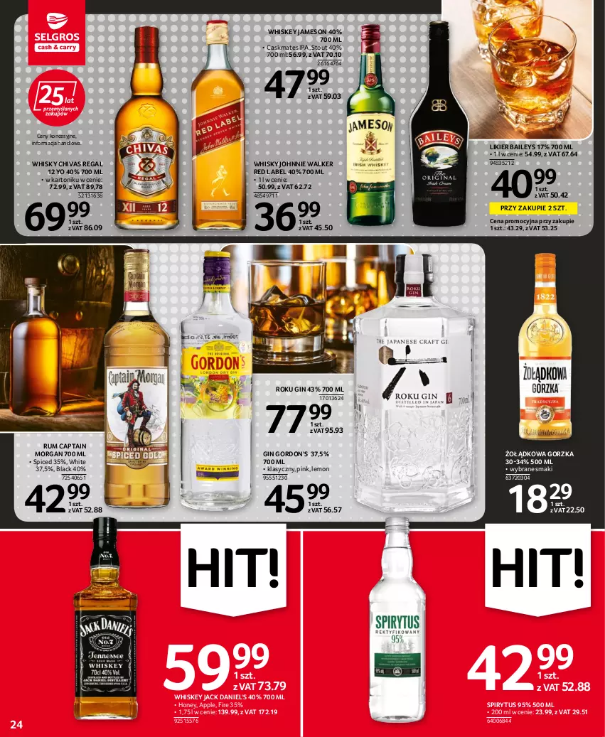 Gazetka promocyjna Selgros - Oferta spożywcza - ważna 11.08 do 24.08.2022 - strona 24 - produkty: Captain Morgan, Gin, Gordon's, Jack Daniel's, Jameson, Johnnie Walker, Lack, Likier, Rum, Tonik, Whiskey, Whisky