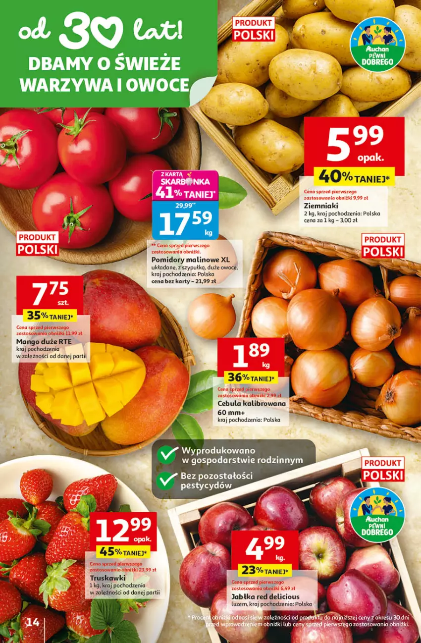 Gazetka promocyjna Auchan - Gazetka 30 Lat Hipermarket Auchan - ważna 09.04 do 15.04.2026 - strona 14 - produkty: Jabłka, Mango, Owoce, Pomidory, Truskawki, Warzywa, Warzywa i owoce, Ziemniaki