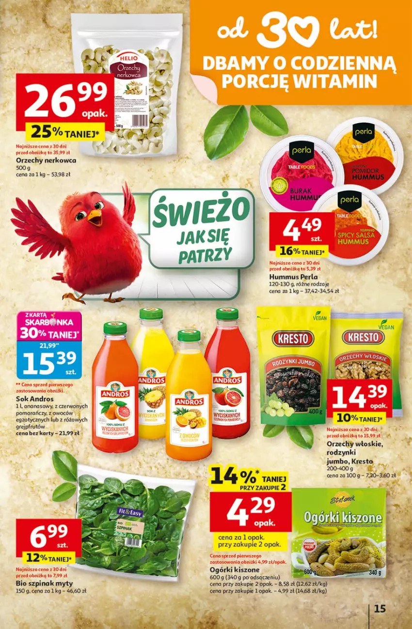 Gazetka promocyjna Auchan - Gazetka 30 Lat Hipermarket Auchan - ważna 09.04 do 15.04.2026 - strona 15 - produkty: Ananas, Fa, Grejpfrut, Hummus, Mus, Orzechy włoskie, Rodzynki, Sok, Szpinak