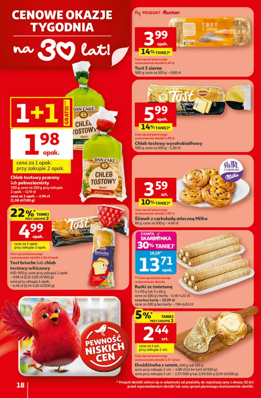 Gazetka promocyjna Auchan - Gazetka 30 Lat Hipermarket Auchan - ważna 09.04 do 15.04.2026 - strona 18 - produkty: Chleb, Chleb tostowy, Fa, Milka, Rurki, Ser, Sok