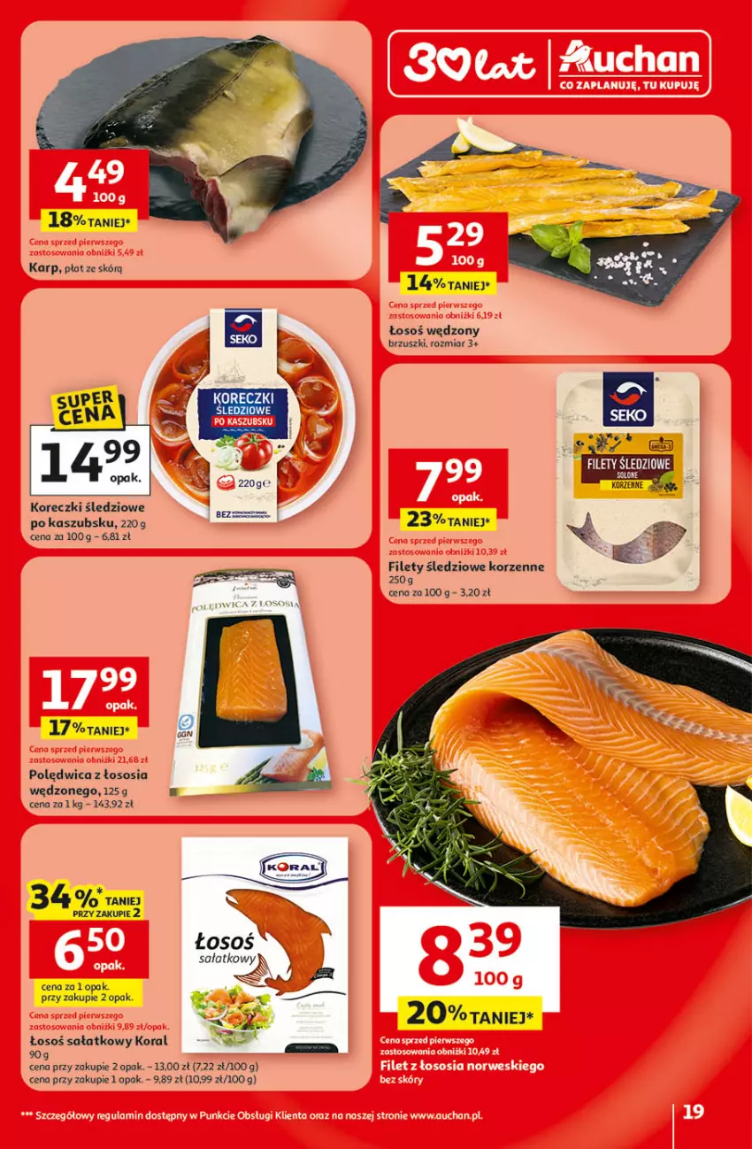 Gazetka promocyjna Auchan - Gazetka 30 Lat Hipermarket Auchan - ważna 09.04 do 15.04.2026 - strona 19 - produkty: Karp, Koreczki śledziowe, Polędwica, Sałat, Sos